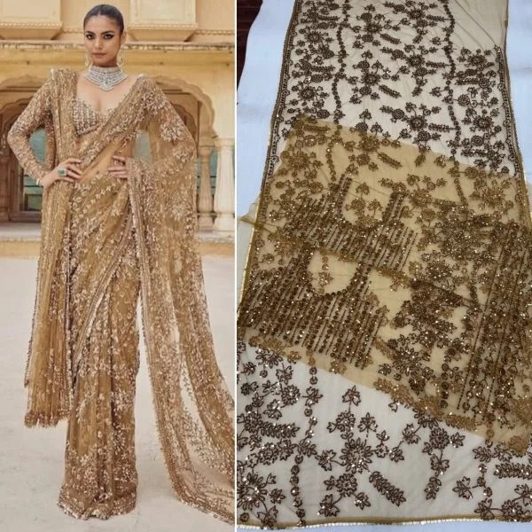 Women Net Saree Brown Heavy Sequins Embroidery Work Party With Blouse