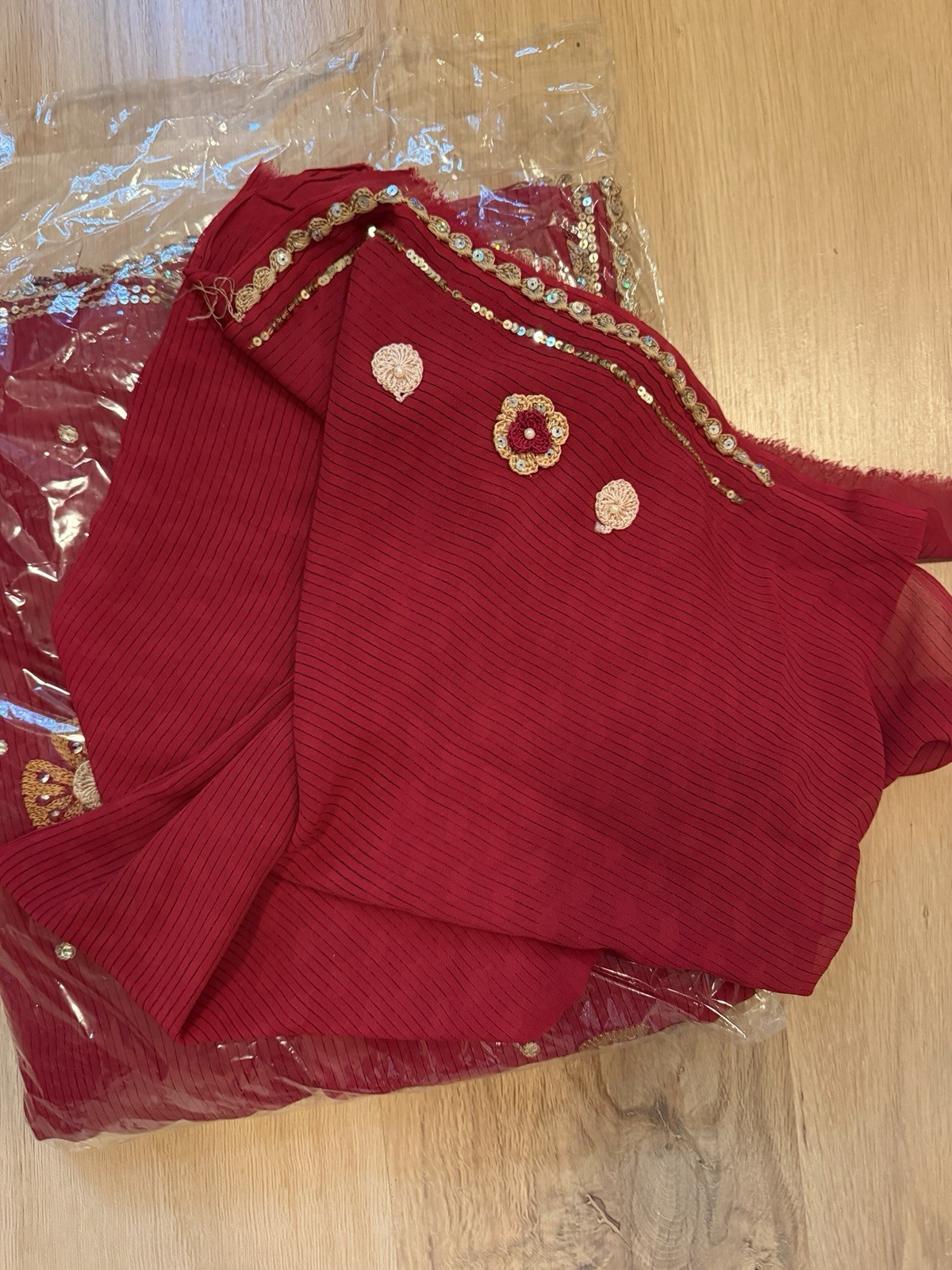 Red Chiffon Saree Fabric With gold sequin And Trim
