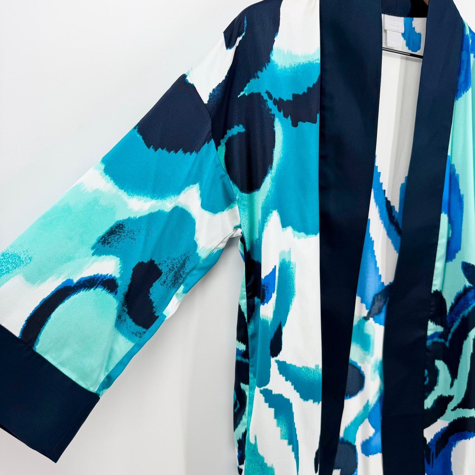 Chico’s Travelers Blue Abstract Open Front Kimono Jacket S/M Lightweight