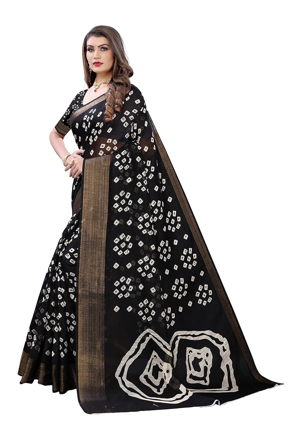 Women’s Bandhani Printed Jari Patta Poly Cotton Saree With Blouse Piece