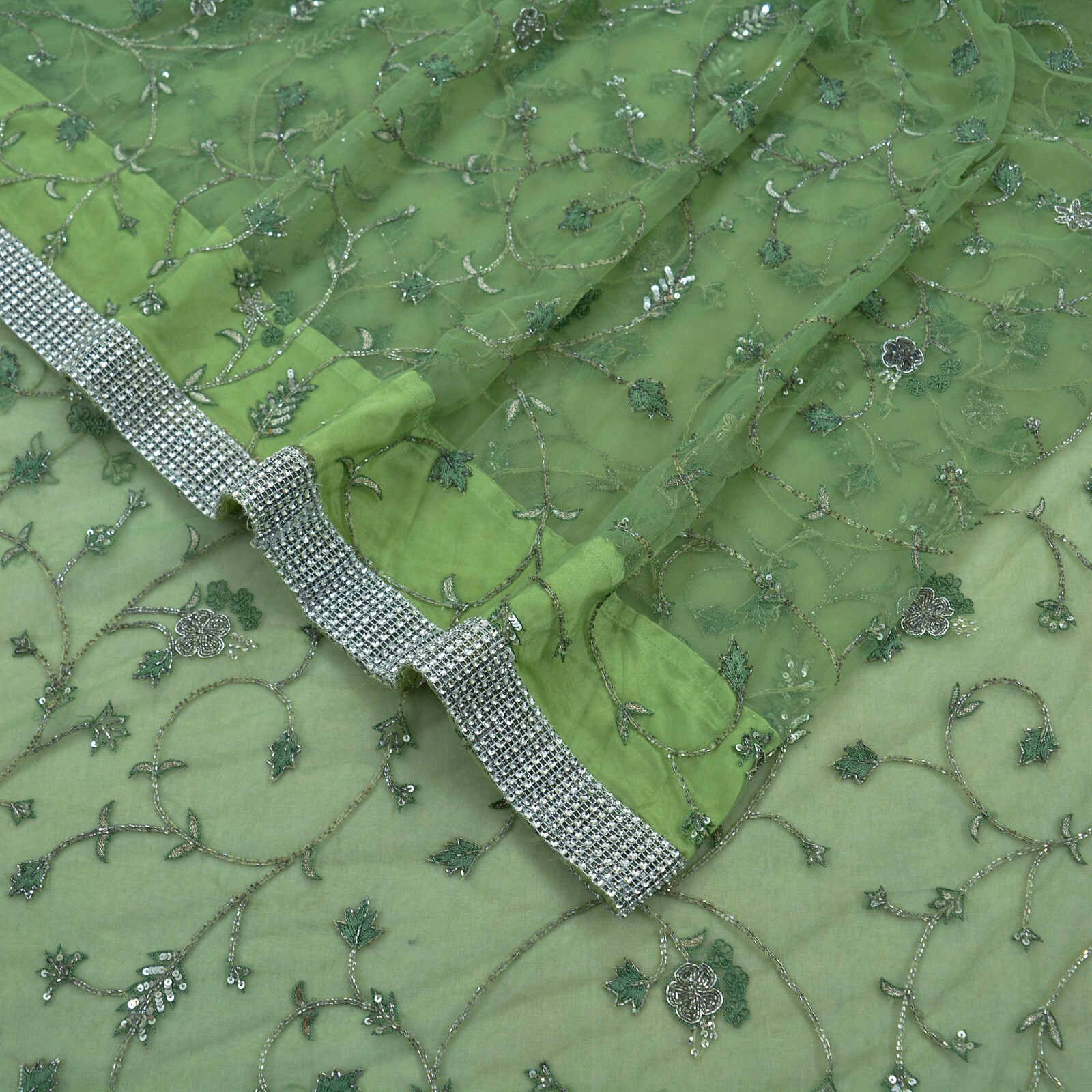 Vintage Heavy Saree Green Net/Mesh Hand Embroidered Sari Fabric 5Yd Sewing Dabka