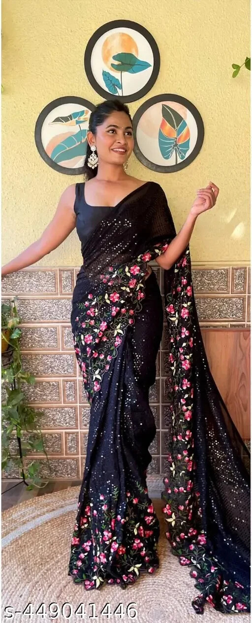 Women’s Embroidery Sequence Work Georgette Silk Saree With Solid Satin Blouse