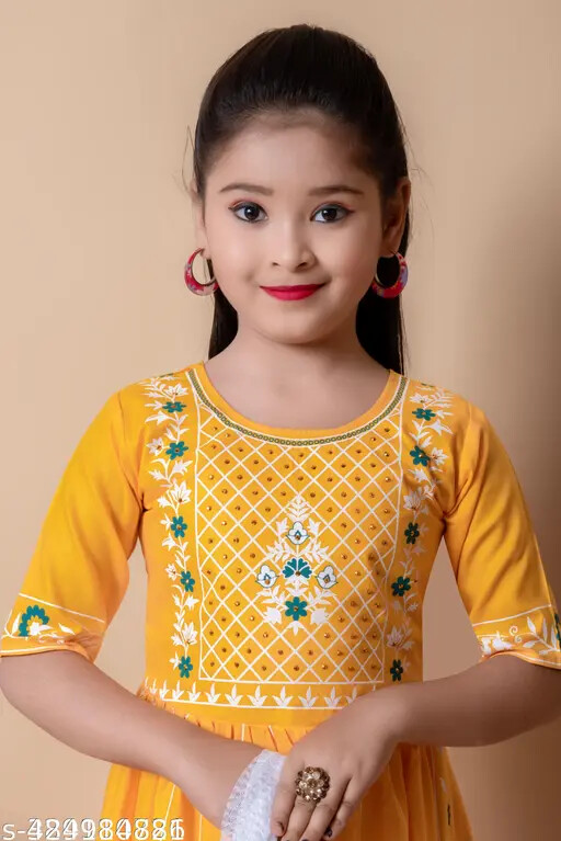 Indian Kids Traditional Nayra Cut Kurti Palazzo Dupatta Trendy set for Girls