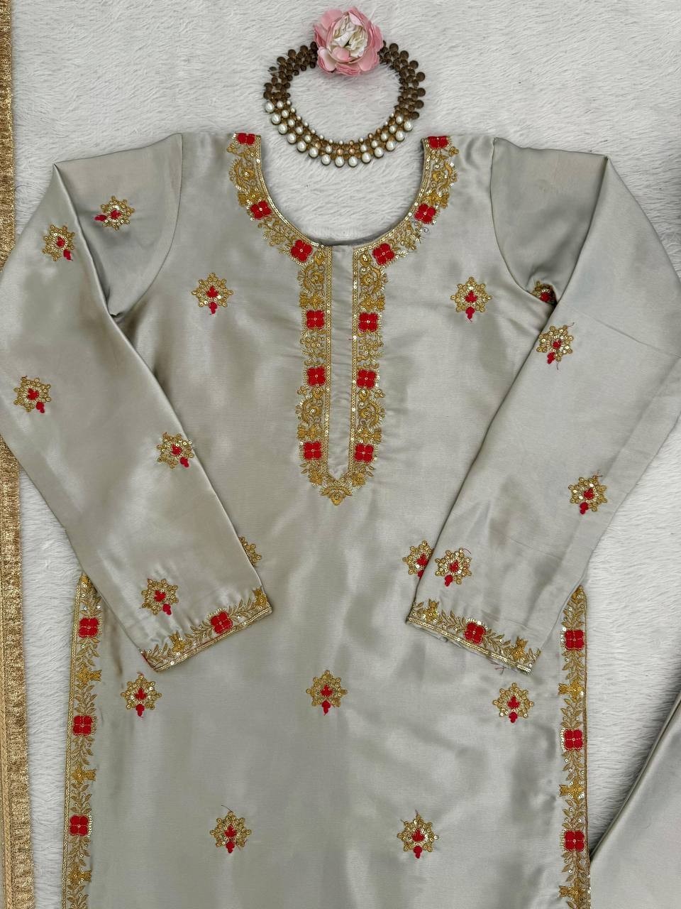 Latest Zapan Satin Silk Cream Palazzo Suit With Dupatta For Indian Function Wear