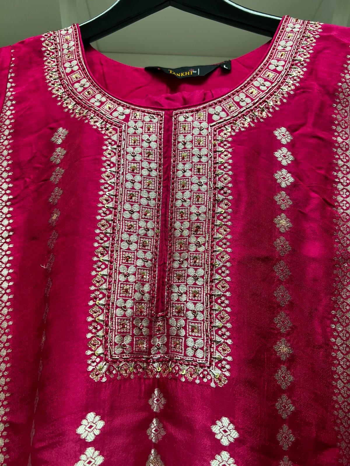 Indian Dress magenta pink color embellished neckline