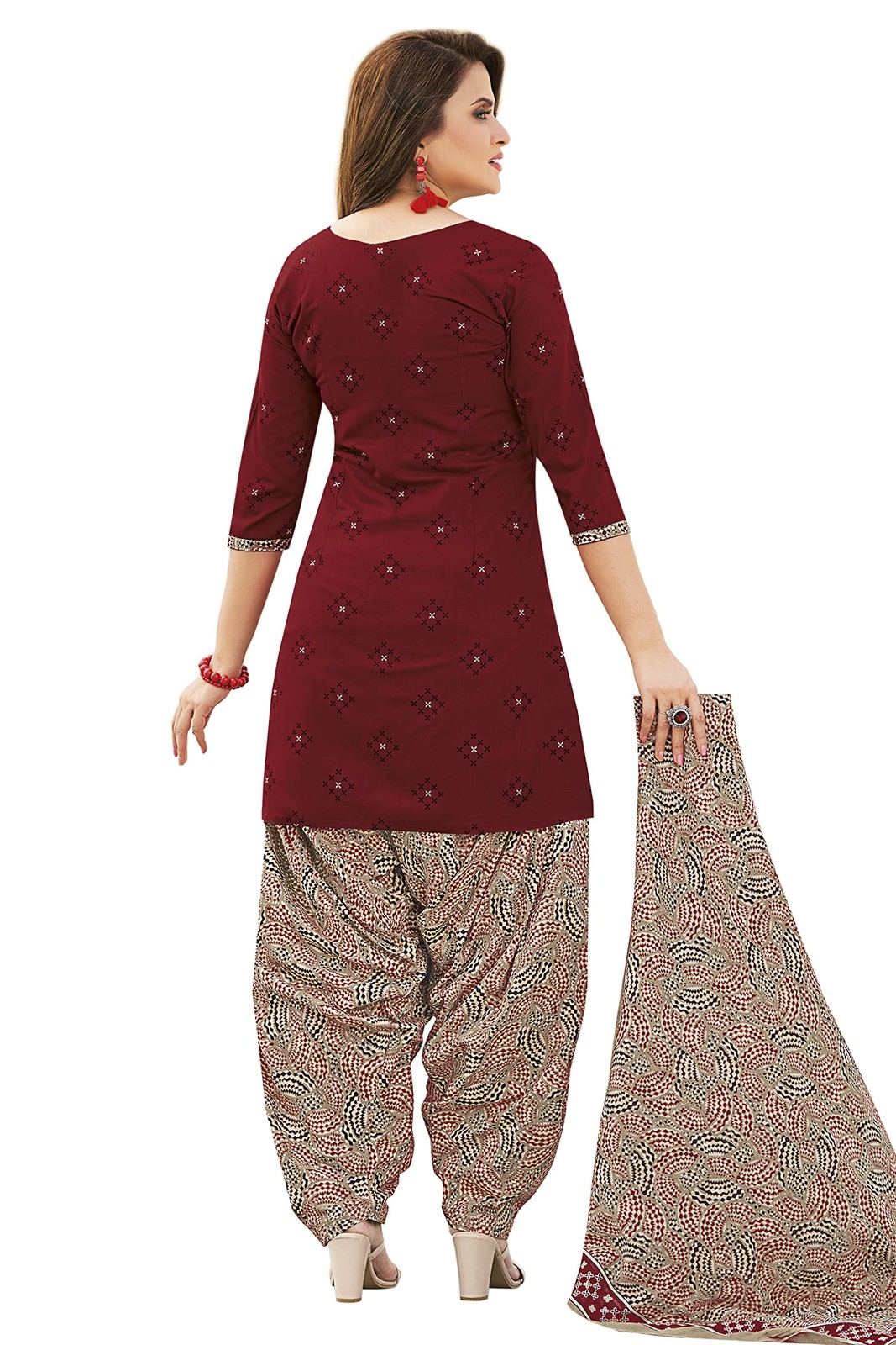 Miraan Unstitched Cotton Salwar Suit Maroon Free Size | SANRAN1767