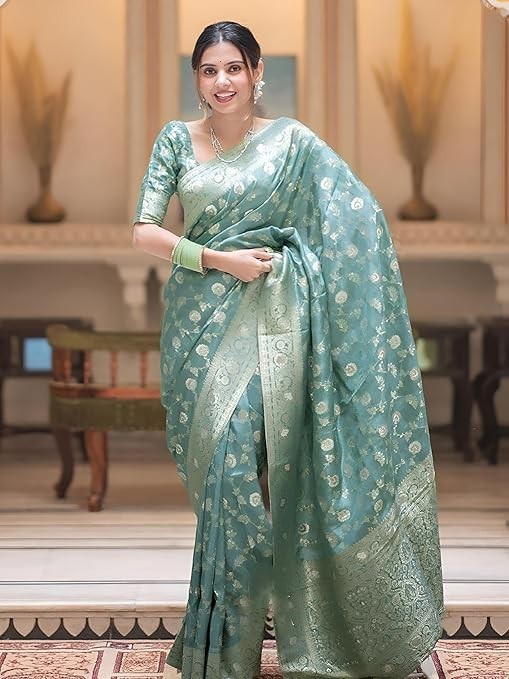 Women’s Pure Kanjivaram Silk Saree Soft Banarasi Style Wedding With Blouse Piece