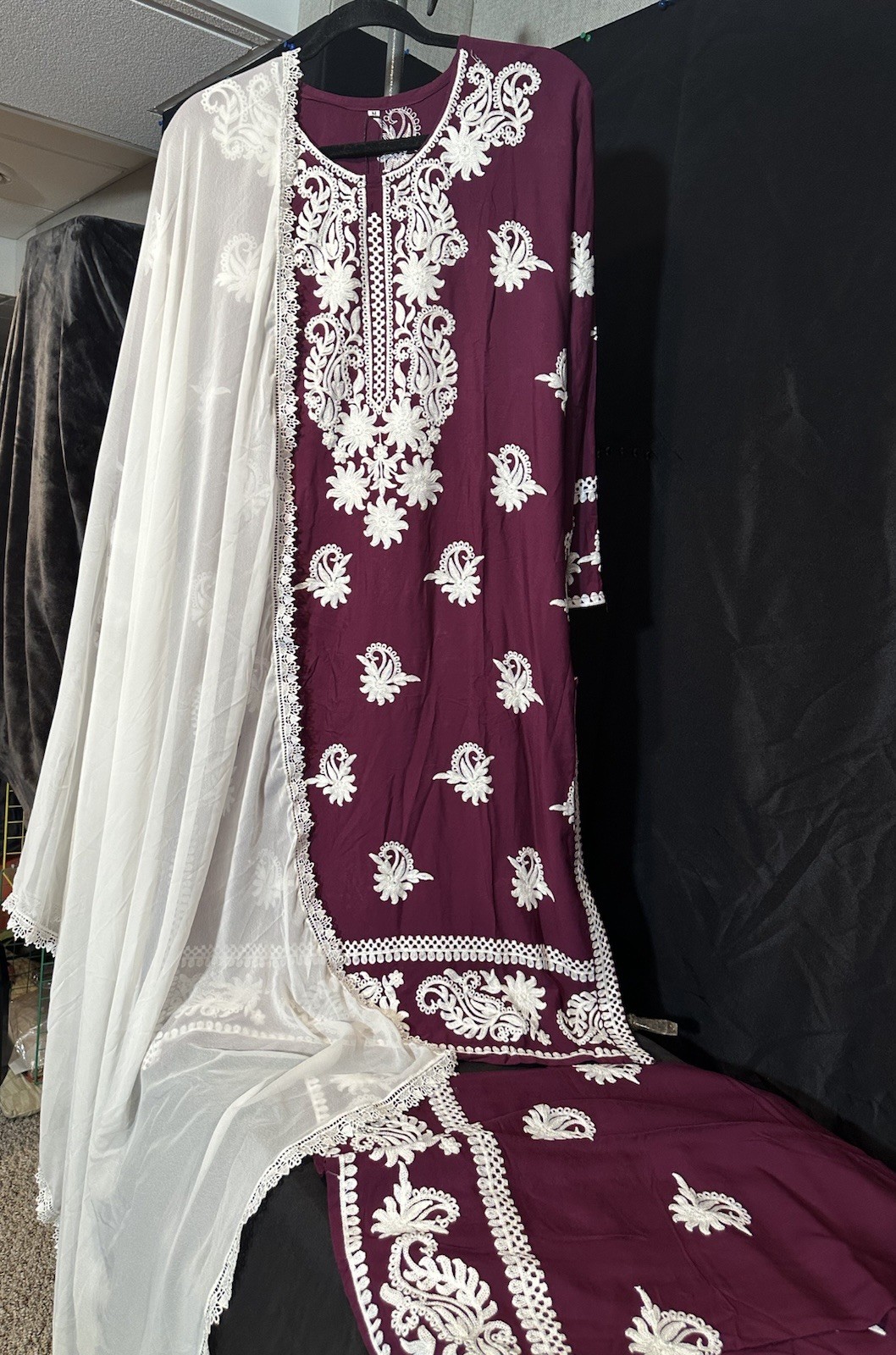 Beautiful soft linen Front & back emb-3 pc suit-emb plazo, laced dupatta-$44