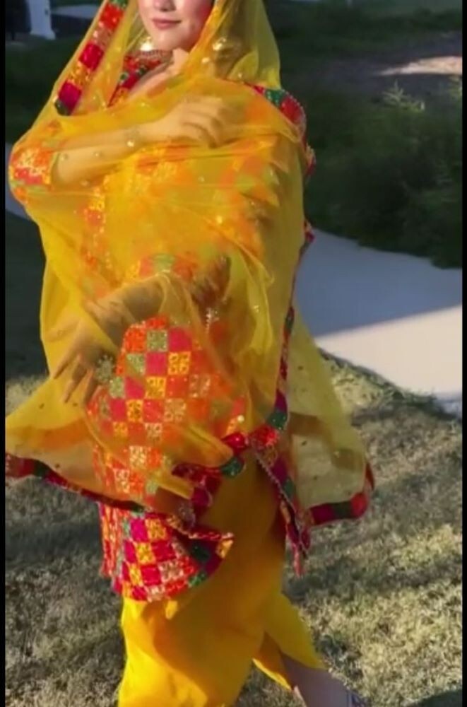 Suit 638 1468 Red Silk Finish Multi-Color Phulkari Salwar Kameez Dupatta Small