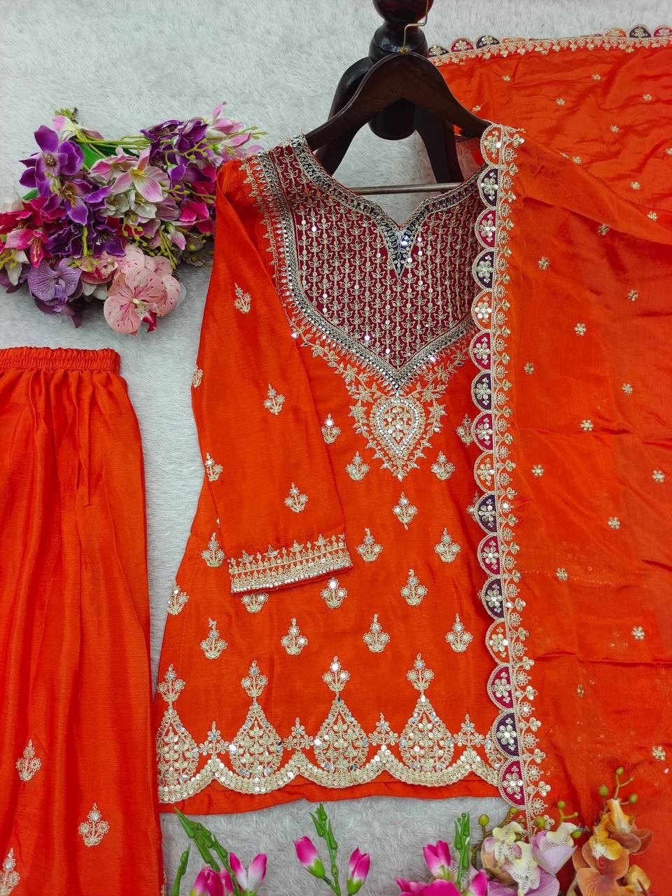 Launching New Orange Chinnon Silk Kurta Palazzo With Dupatta For Women