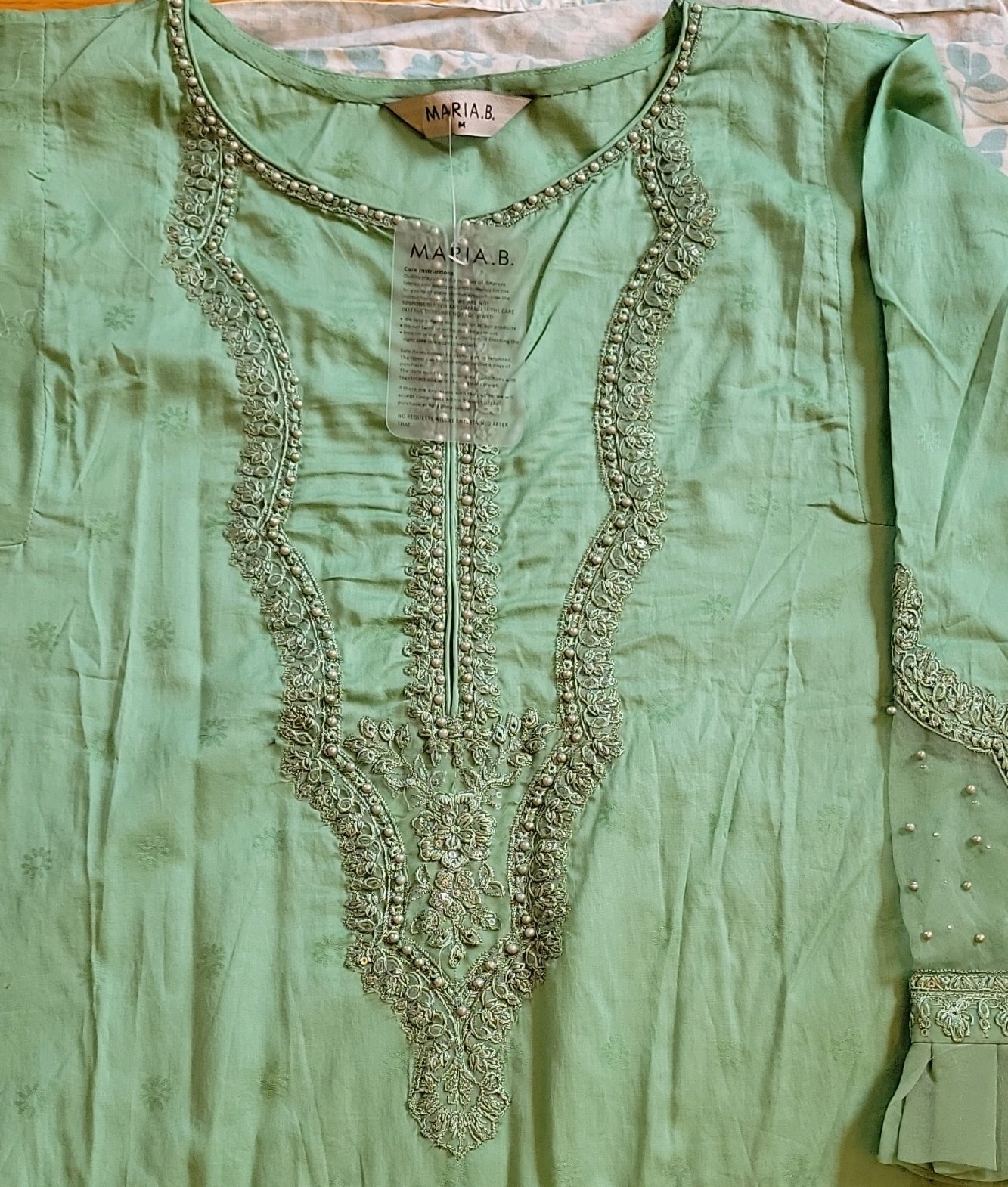 Maria B. Salwar Kameez Green Embroidered Net Cotton Women M