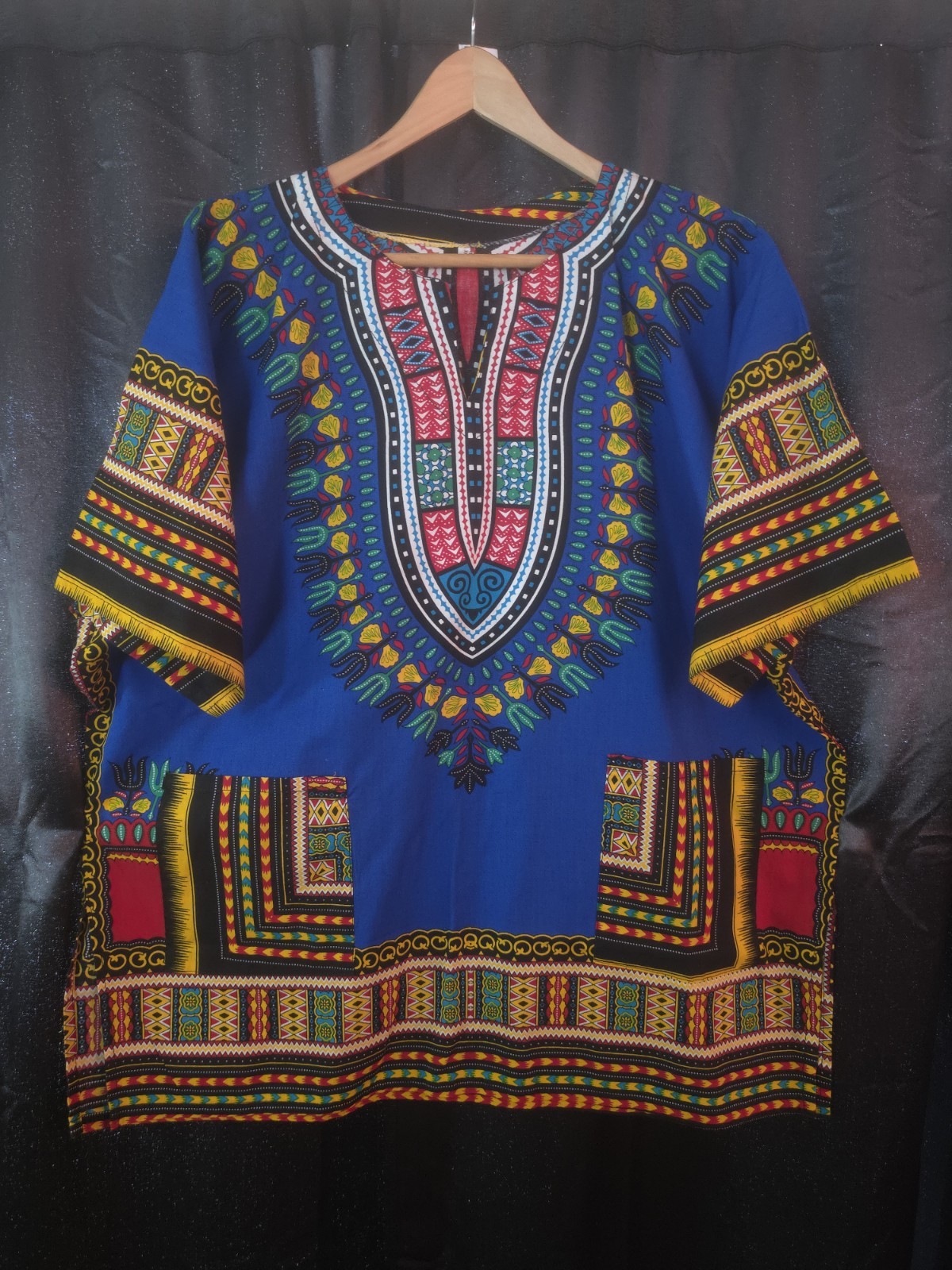 Blue Dashiki African Print Tunic Top Shirt, Cotton Woven, One Size Unisex