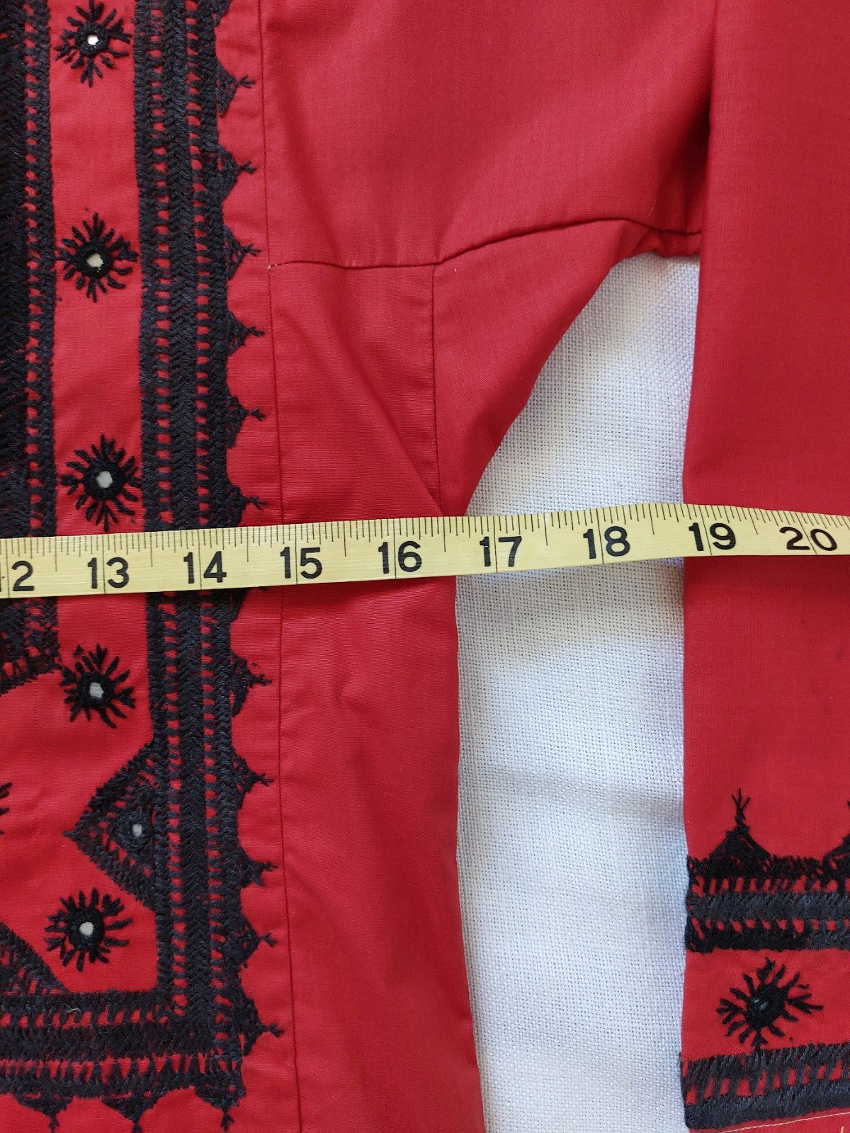 Boho Embroidered Tunic Dress Red/Black Kurta Tassel Folk Long Sleeve, S/M