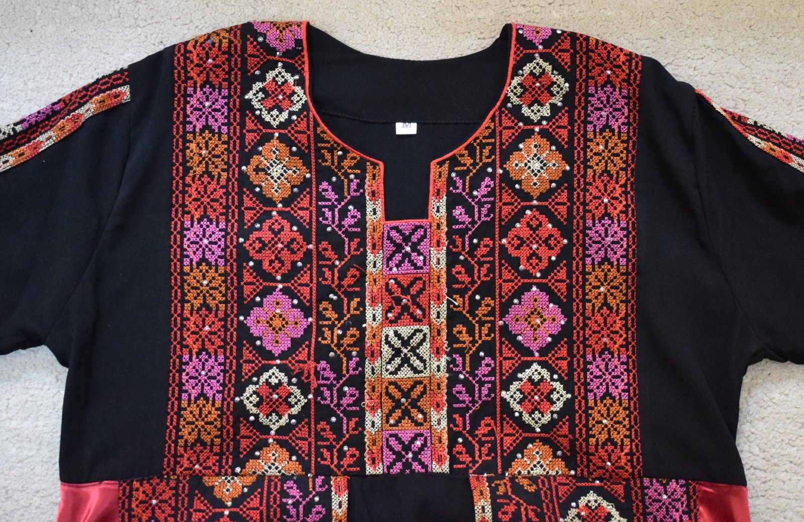 Palestinian Tatreez Thobe Black Red Satin Bedouin Embroidered Kaftan