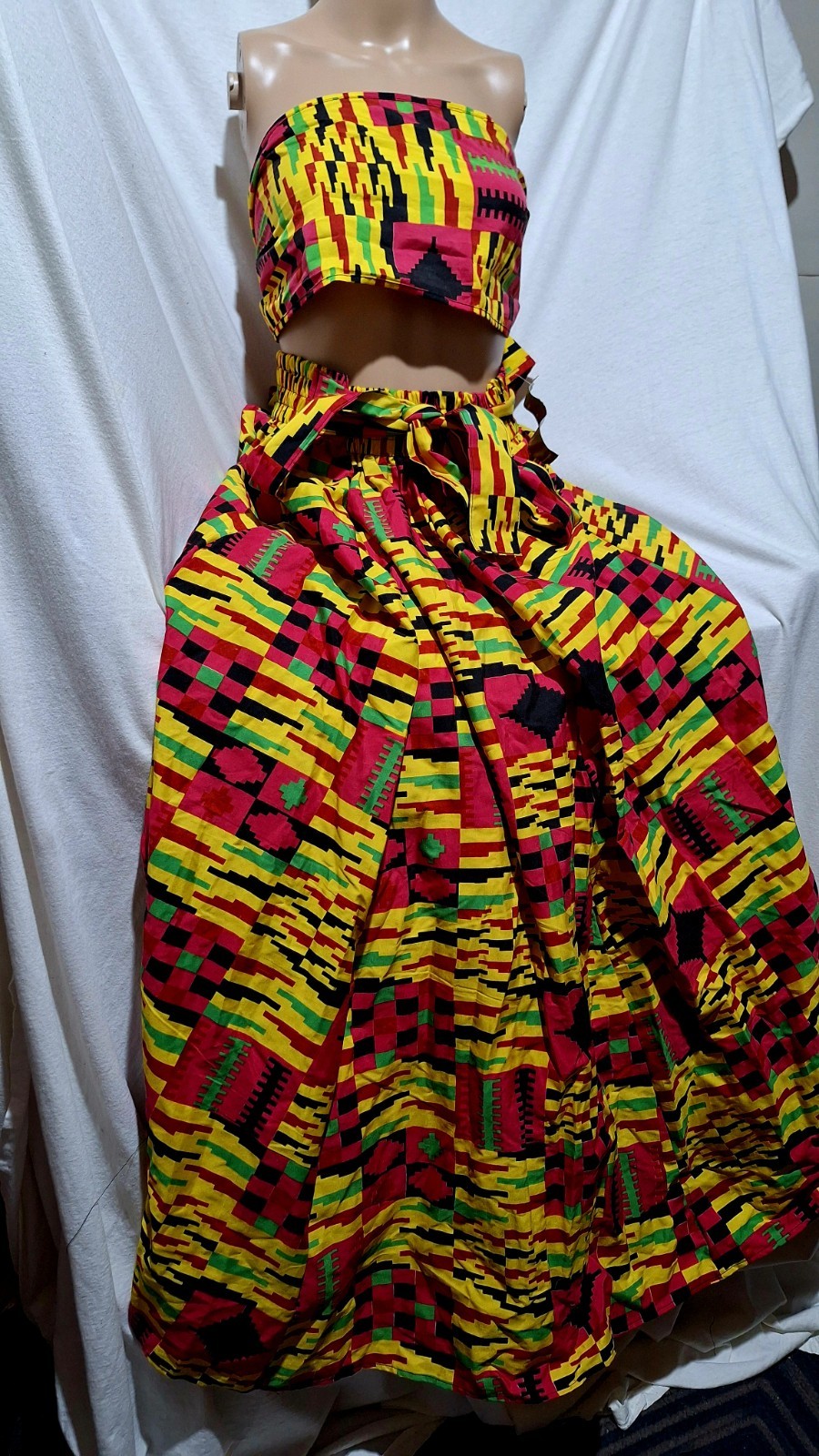 Long AFRICAN WAX PRINT KENTE SKIRT AND HEAD WRAP. SIZE MEDIUM TO LARGE