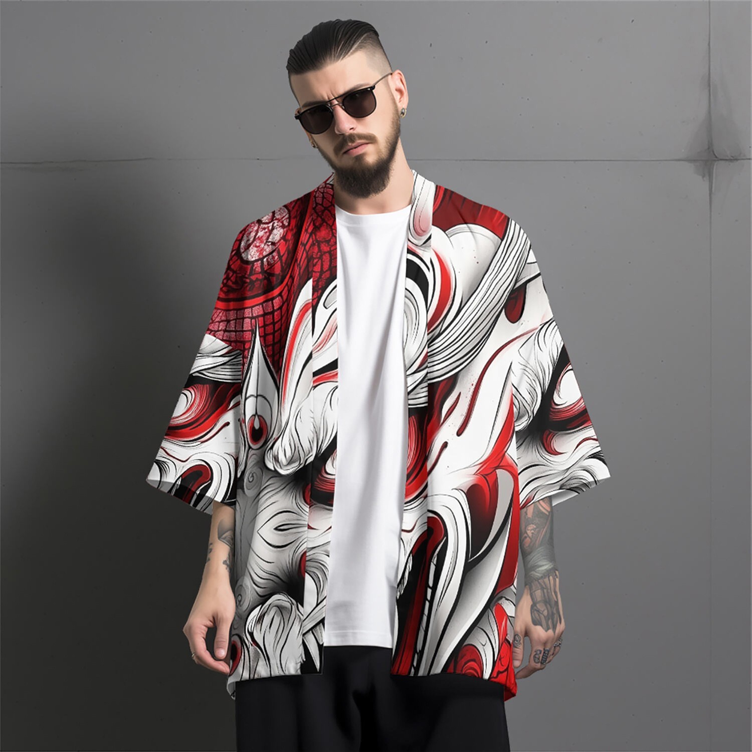 Niepce Men’s Japanese Graphic Lightweight Red Monster Kimono Cardigan Shirt Top
