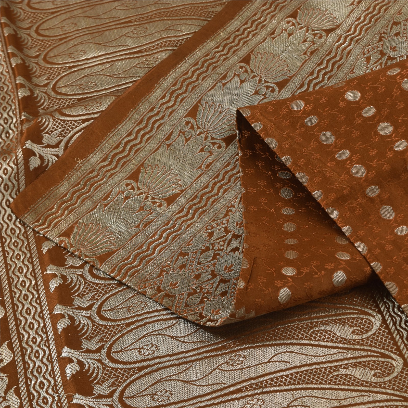 Sanskriti Vintage Brown Saree Pure Satin Silk Brocade/Banarasi Woven Sari Fabric