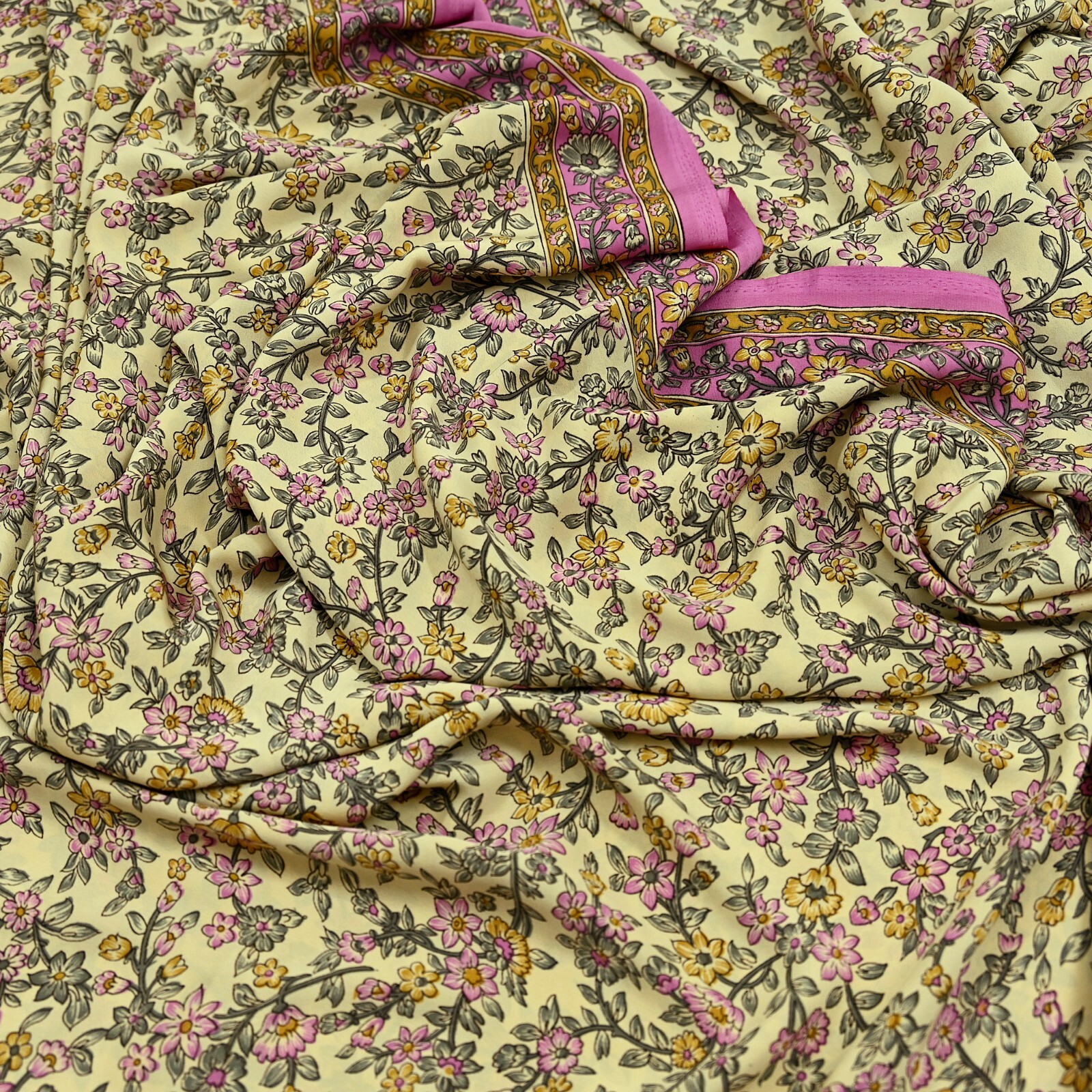 Vintage Sari Ivory & Pink Moss Crepe Printed Sarees 5yd Craft Fabric Sewing Soft