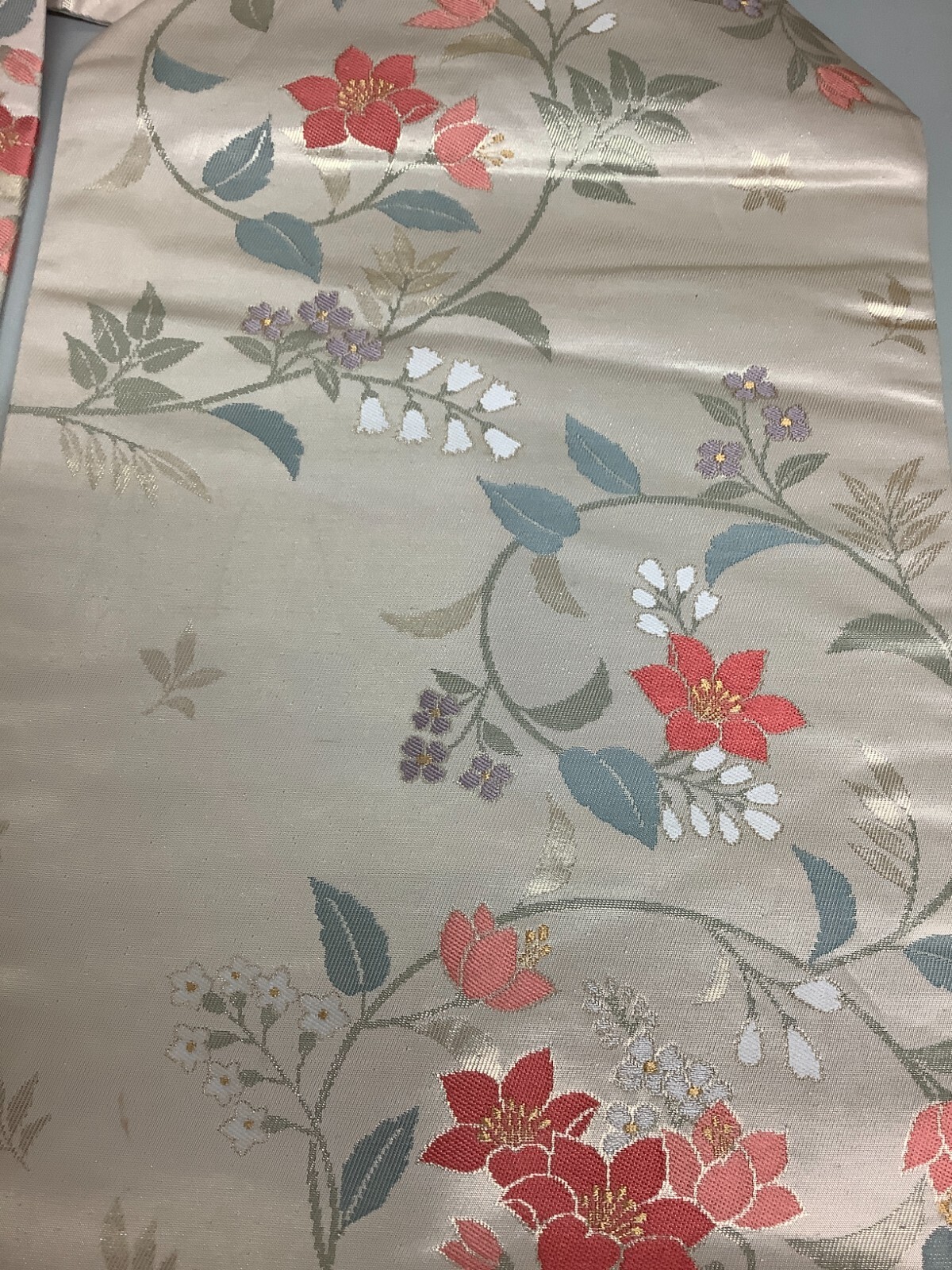 Japanese Vintage Kimono Nagoya Obi pure silk beige flower expensive 142.5×11.8in