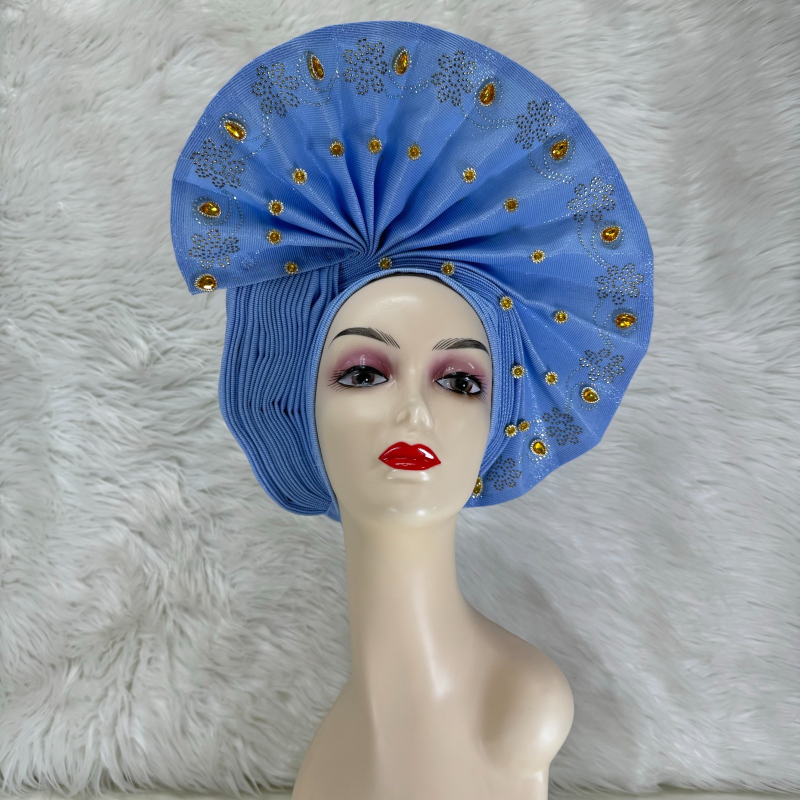 YQOINFKS African Fabrics Turban Headtie Made Aso-Oke Gele Beaded Head Wear Hat