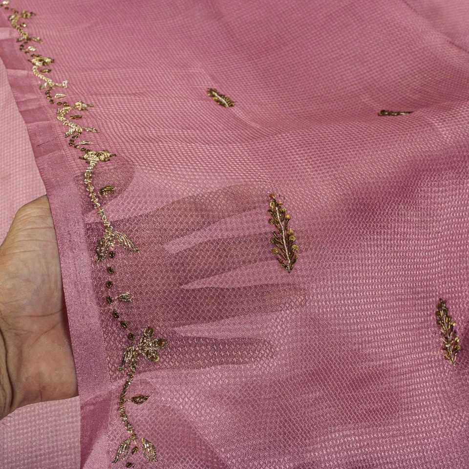 Sanskriti Vintage Saree Pink Art Silk Hand Embroidered Zardozi Fabric 6Yard Sari