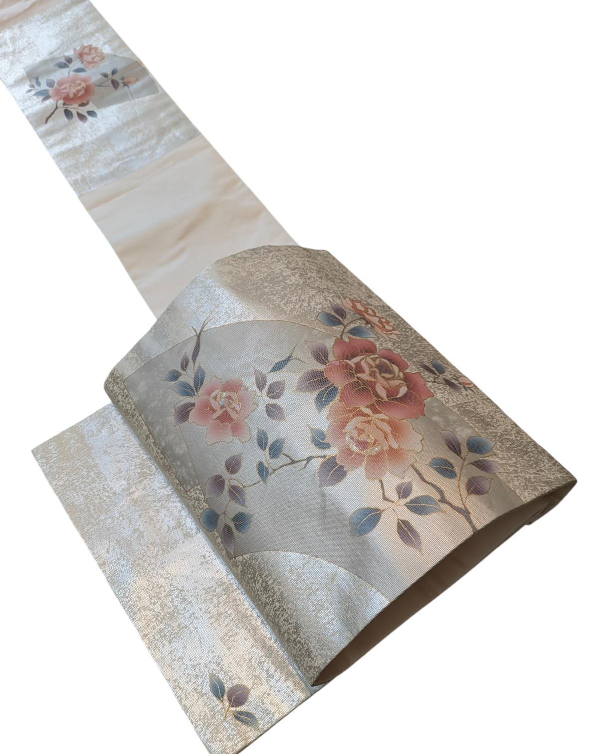 Vintage Japanese Kimono Silk Nagoya Obi Silver Pink Pearl Foil Floral Textile
