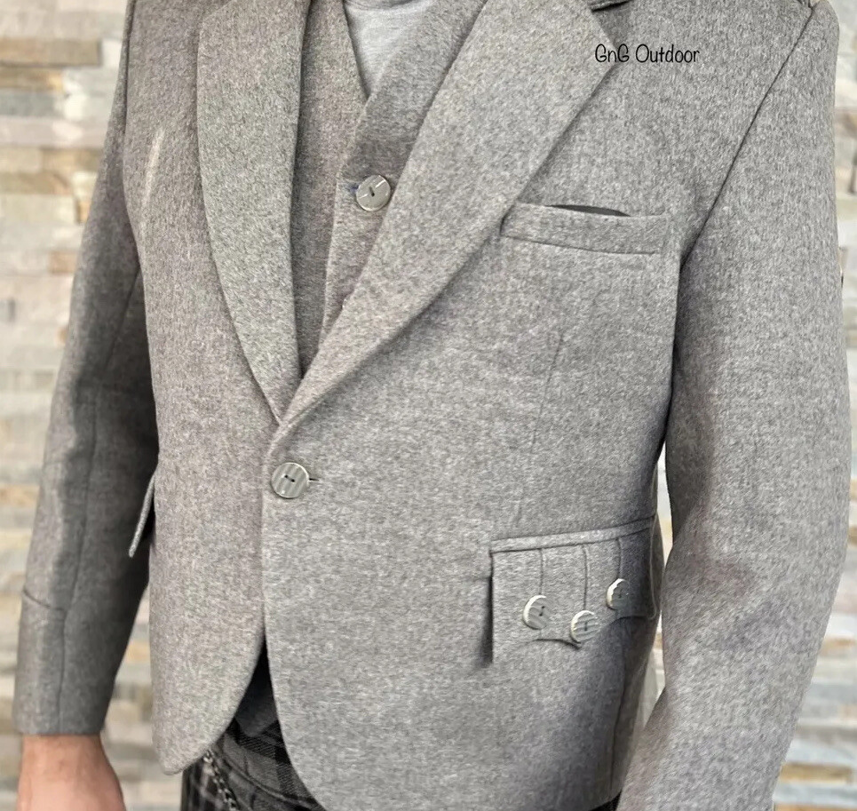 Men’s Grey Wool Argyle Kilt Jacket With Waistcoat Scottish Wedding Kilt Jacket