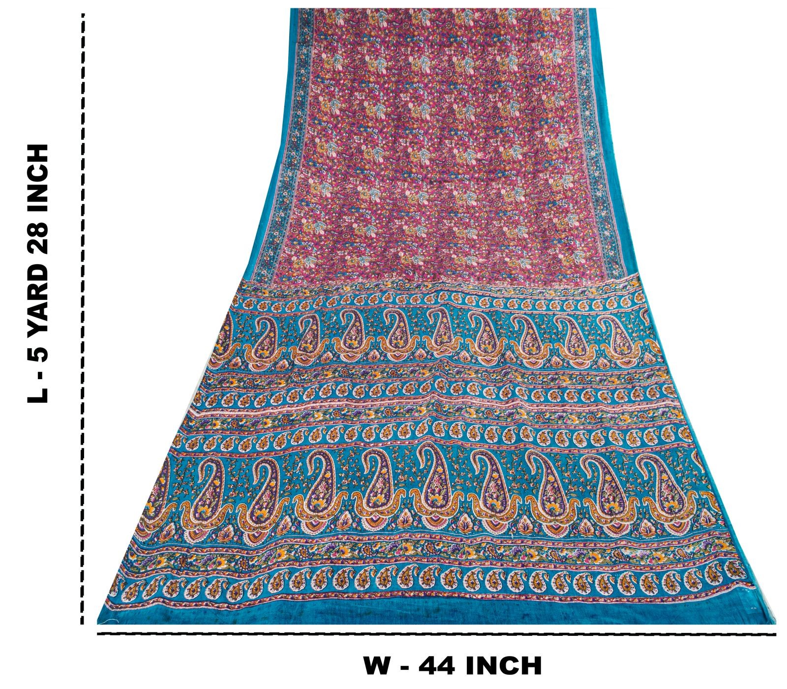 Sanskriti Vintage Saree Pink-Blue Pure Cotton Floral Printed Sari Fabric 5+Yard