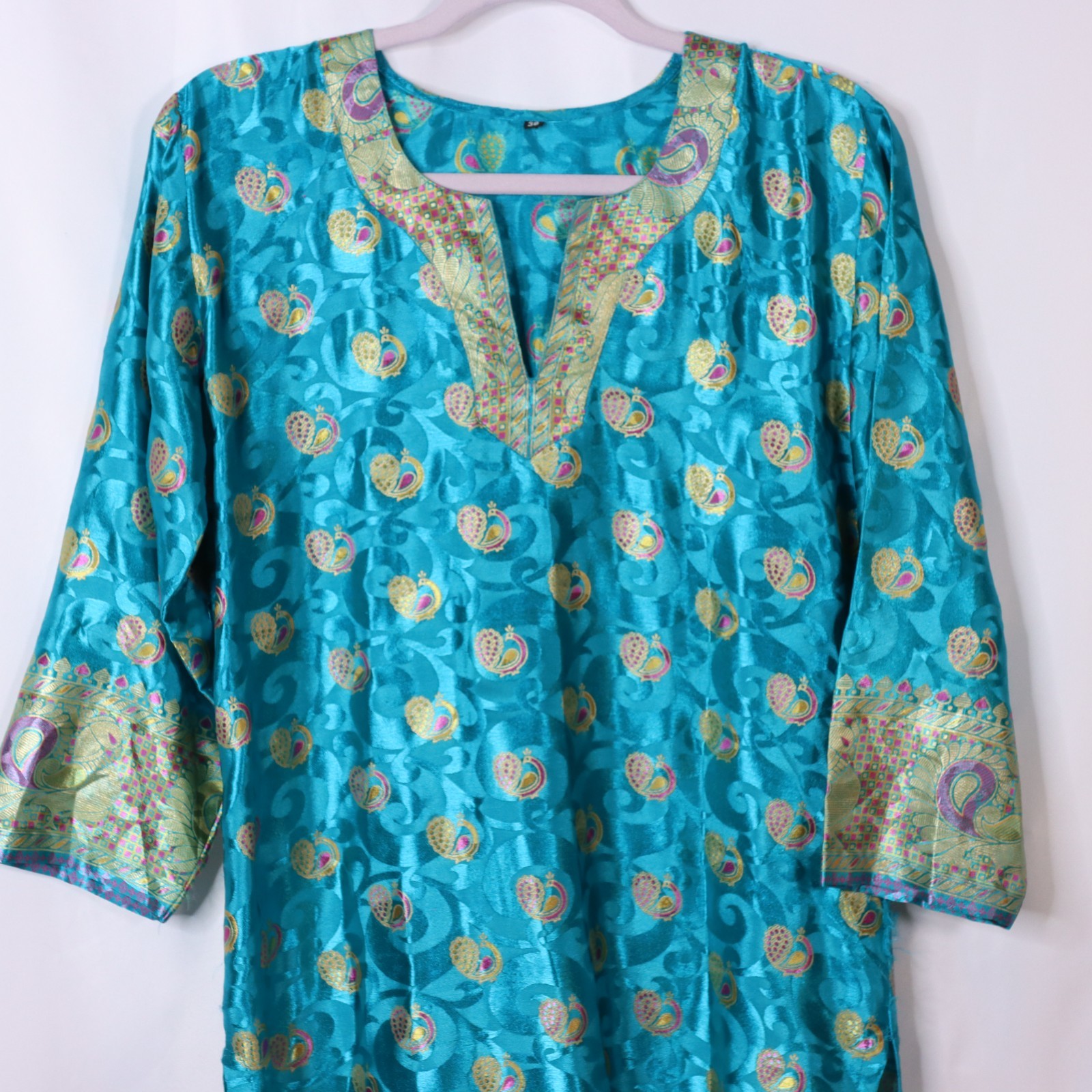 Short Kurtis for Women Blue Size 38 Peacock Print Shiny No Brand HAS FLAWS