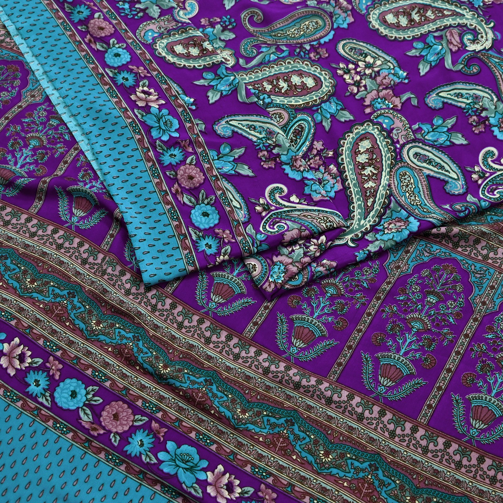 Indian Vintage Purple & Blue Moss Crepe Saree Printed Floral Sari Fabric 6 Yards