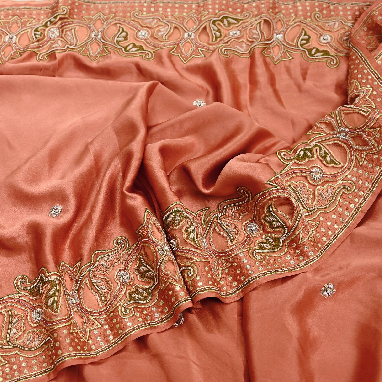 Vintage Heavy Peach Sari Hand Embroidered Saree Pure Satin Silk 5yd Ethnic Dabka