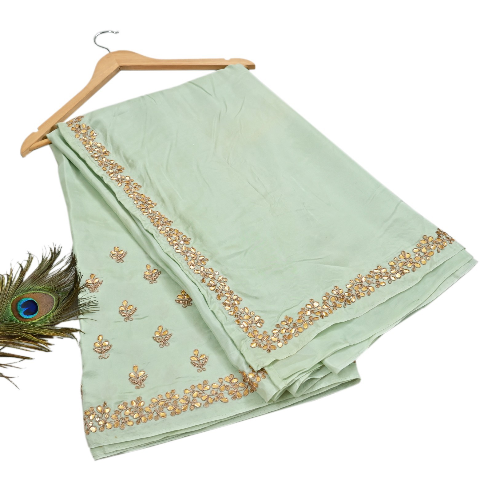 Rare Vintage Pista Green Pure Silk Zardozi Gota Hand Embroidered Designer Saree
