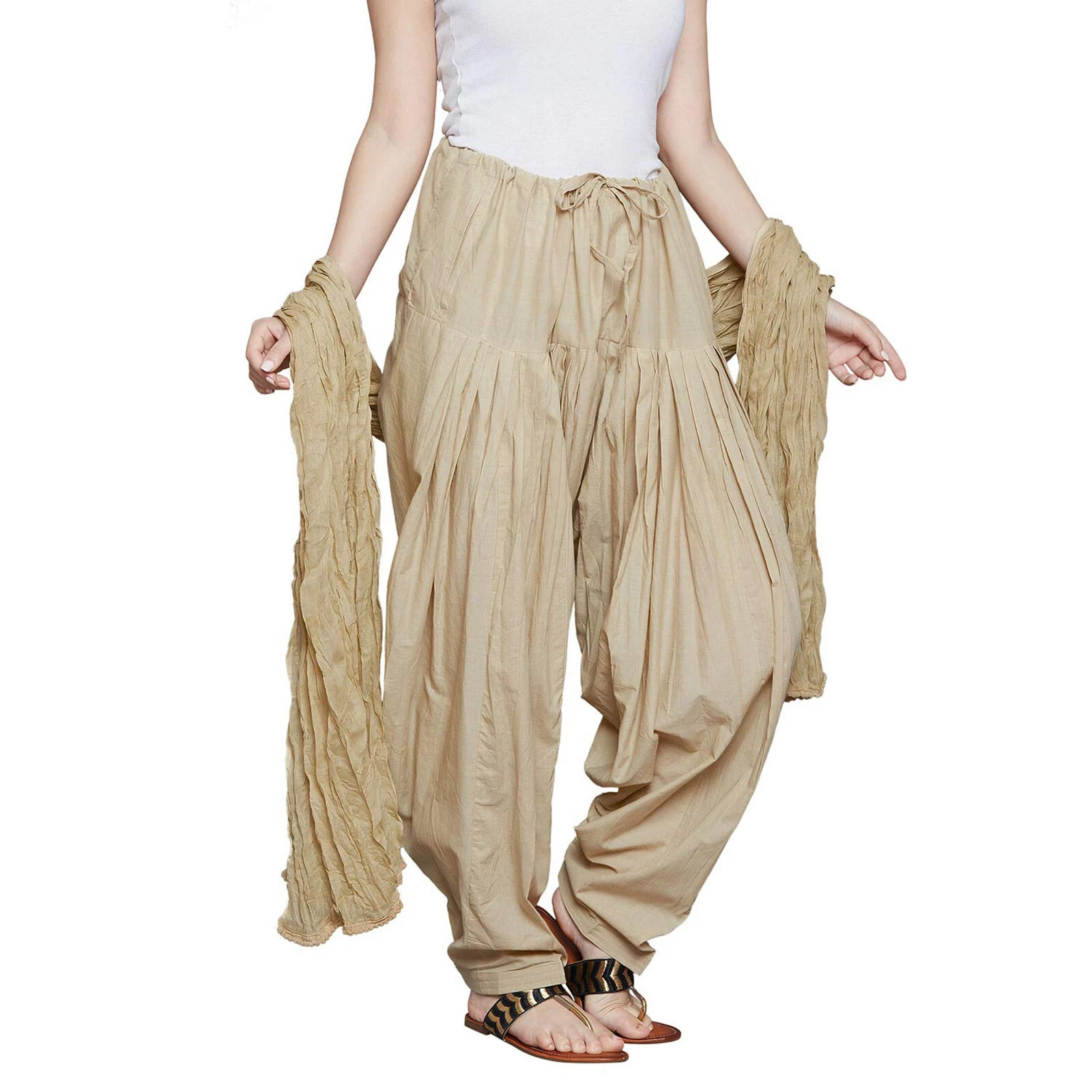 Women 100% Pure Cotton Traditional Patiala Set Salwar Chiffon Dupatta Beige