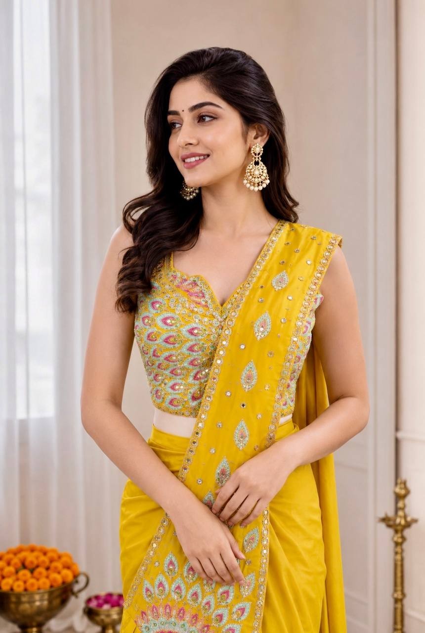 Designer Haldi Ceremony Saree Sequins Embroidery Ready to Wear Sari
