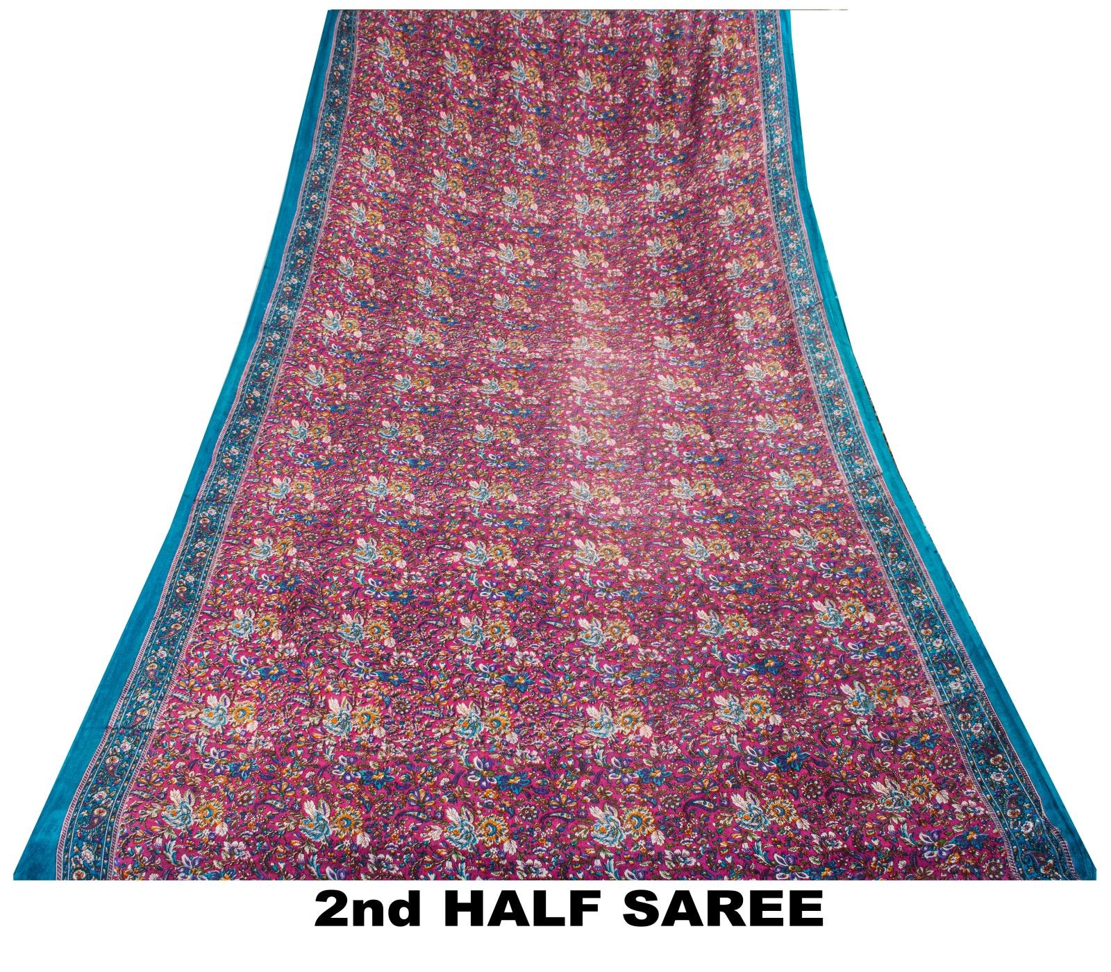Sanskriti Vintage Saree Pink-Blue Pure Cotton Floral Printed Sari Fabric 5+Yard