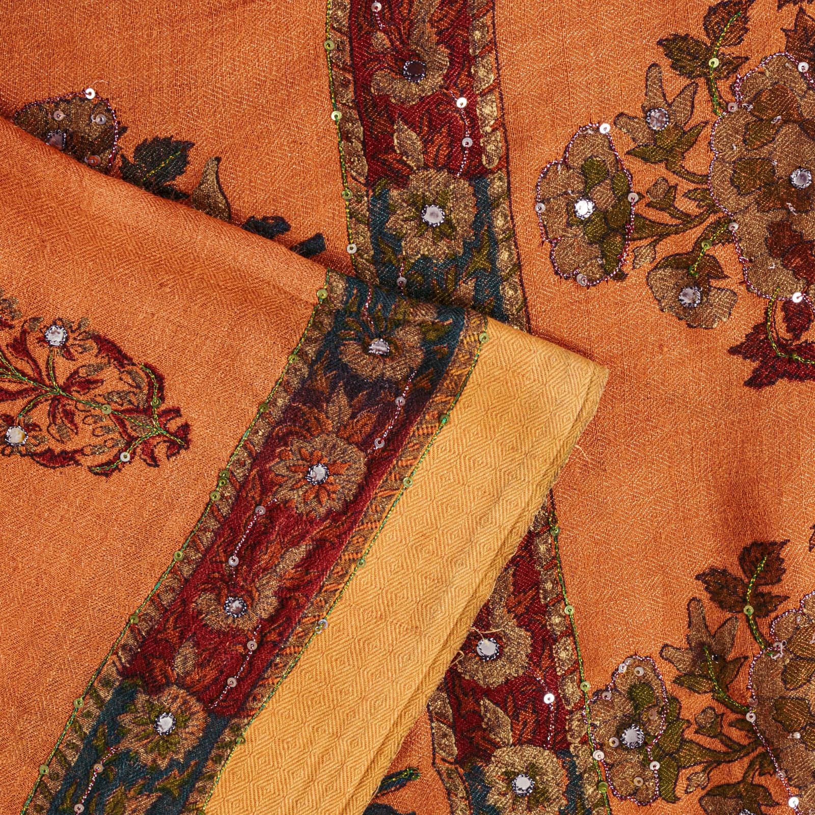 Sanskriti Vintage Brown Pure Woolen Saree Khari Hand Block Print-Embroidery Sari
