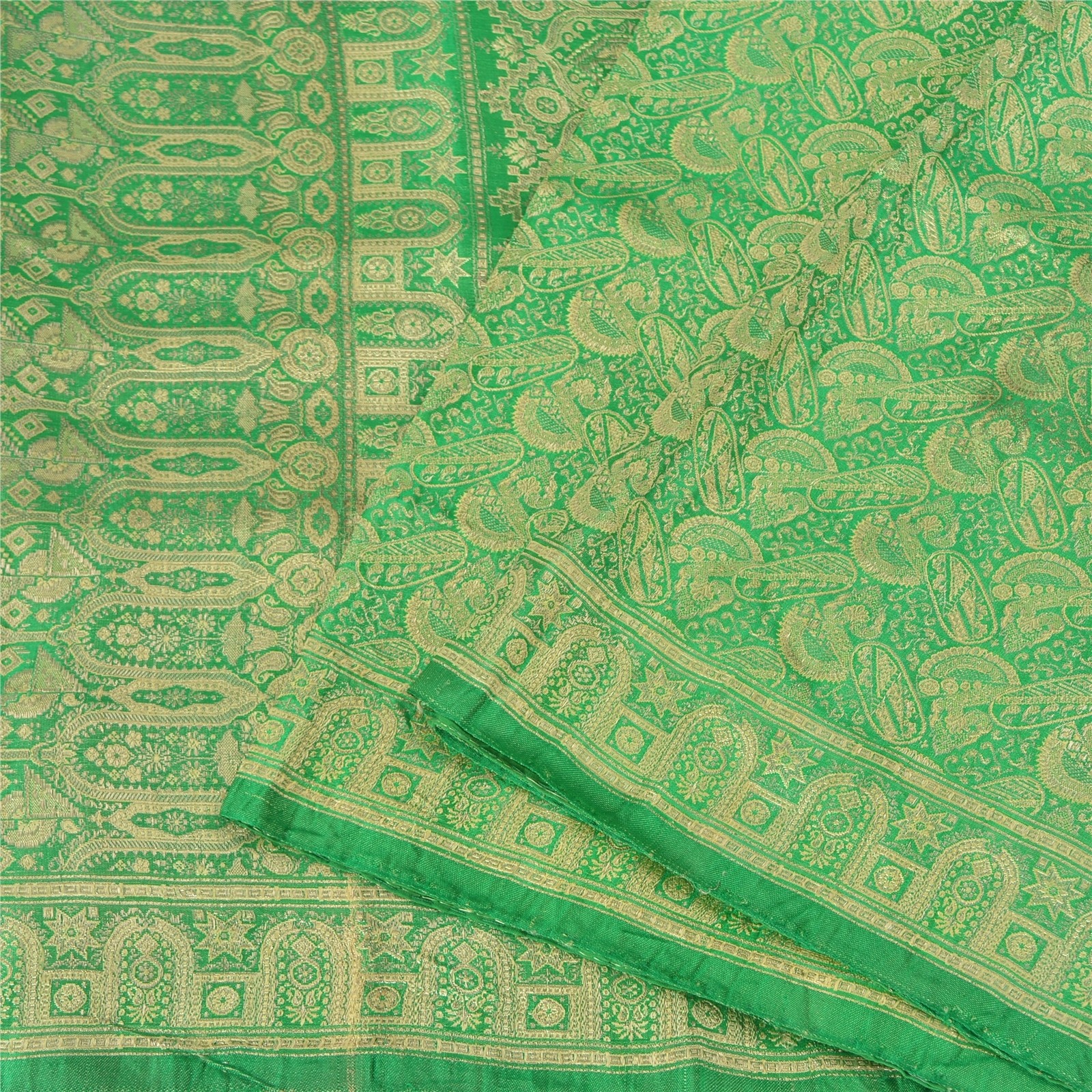 Sanskriti Vintage Green Sarees Pure Silk Zari Hand Woven Brocade Banarasi 4.5+YD
