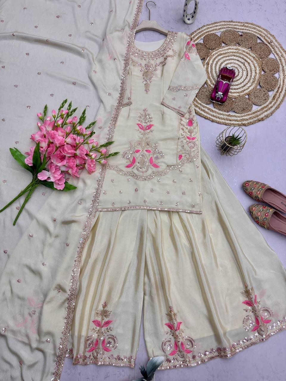 Eid Reception Party Wear Chinon Silk Sharara Plazzo Suit