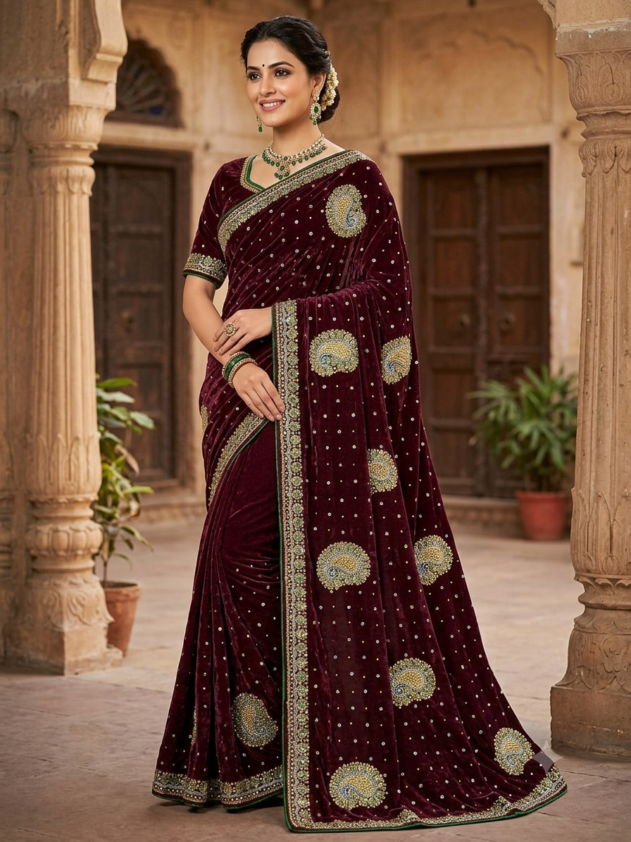 Women Paisley Jacquard Silk Handwork Saree with Unstitched Blouse Piece