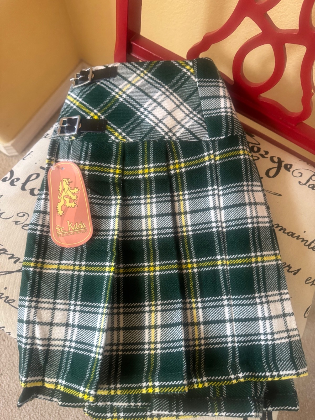 St Kilda Highland Plaid Dress Kilt Yellow and Green Scottish Size 42