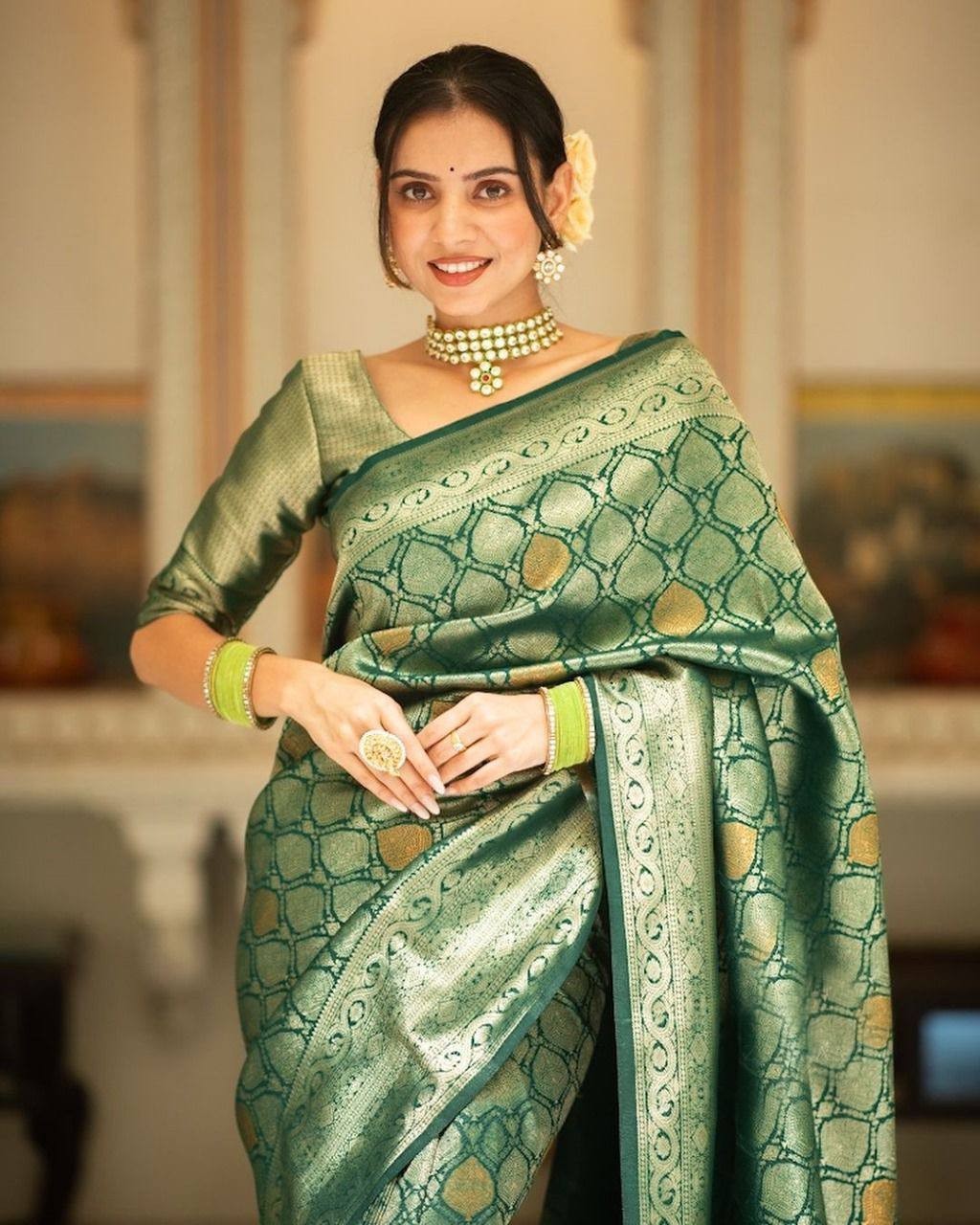 Indian Wedding Bollywood Saree Women Banarasi Soft Silk Green Jacquard Weaving