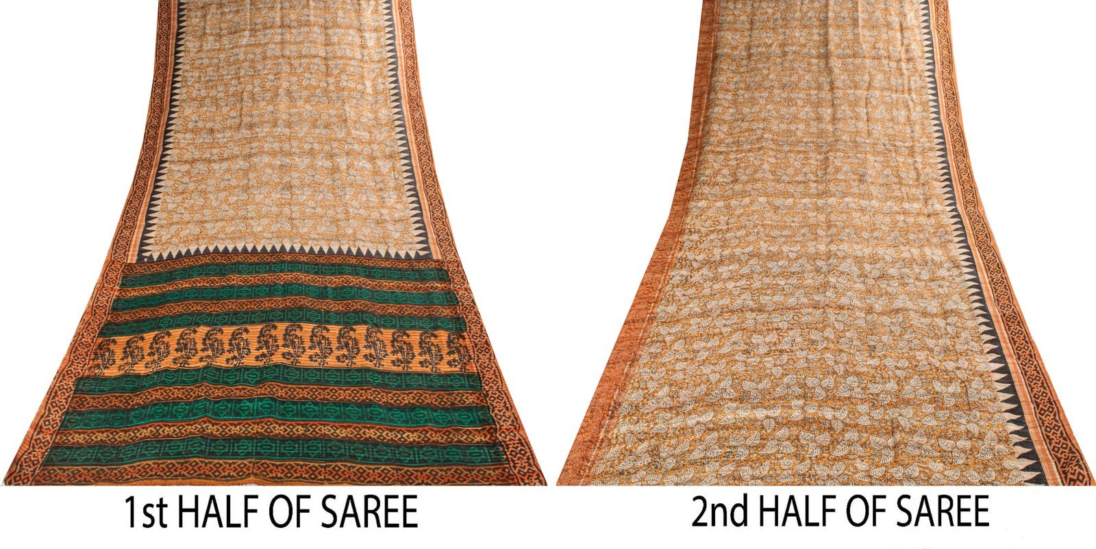 Sanskriti Vintage Saree Orange Pure Jute Silk Floral Kalamkari Printed 6 Yd Sari