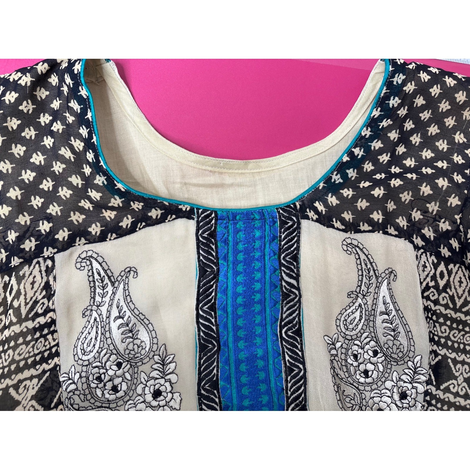 Womens Cream Black Blue Paisley Kurta Tunic Est Sz L Boho Embroidered Festive