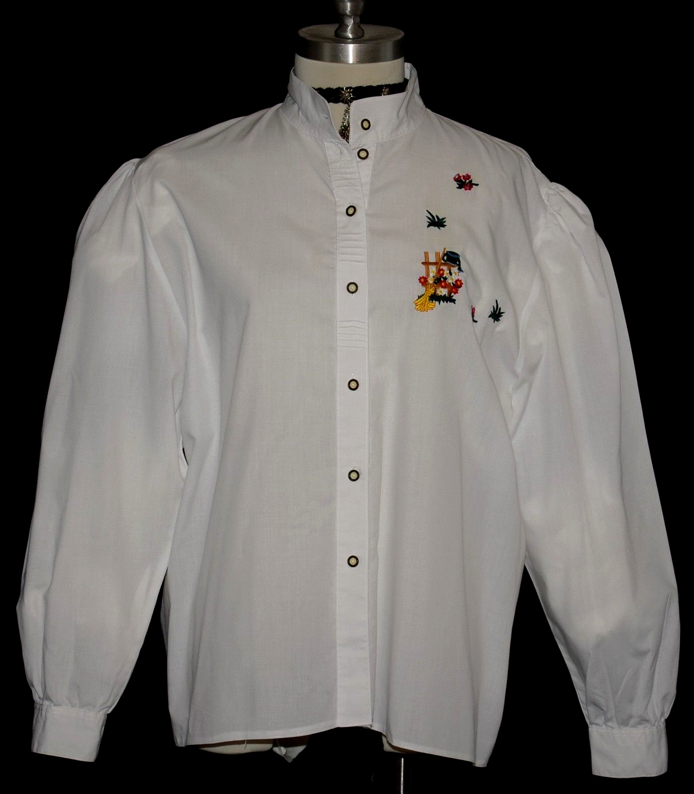 XL Bust48″ WHITE COTTON BLOUSE Shirt Top EMBROIDERY German LONG SLEEVES Dirndl