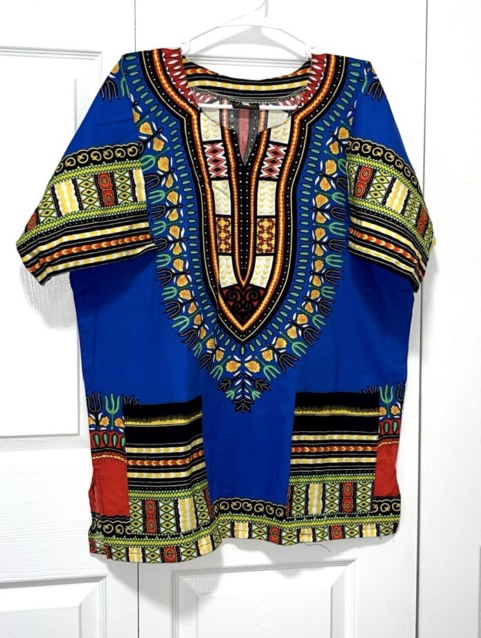 Blue African Unisex Dashiki Shirt M tribal Red, Green, Yellow