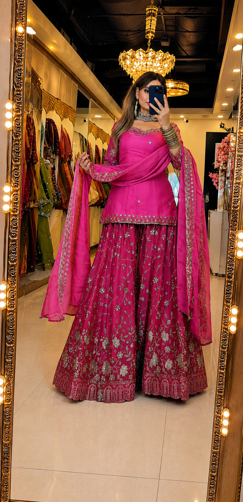 Stylish Look Heavy Silk Multi-Color Top Palazzo With Dupatta For Reception Wear