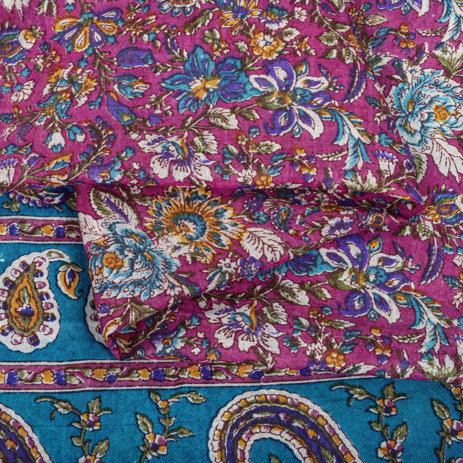 Sanskriti Vintage Saree Pink-Blue Pure Cotton Floral Printed Sari Fabric 5+Yard