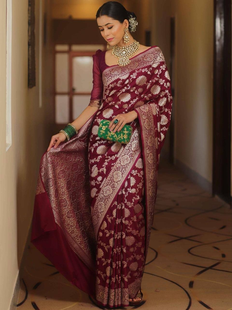 Indian Wedding Saree Maroon Soft Silk Jacquard with Rich Pallu & Brocade Blouse