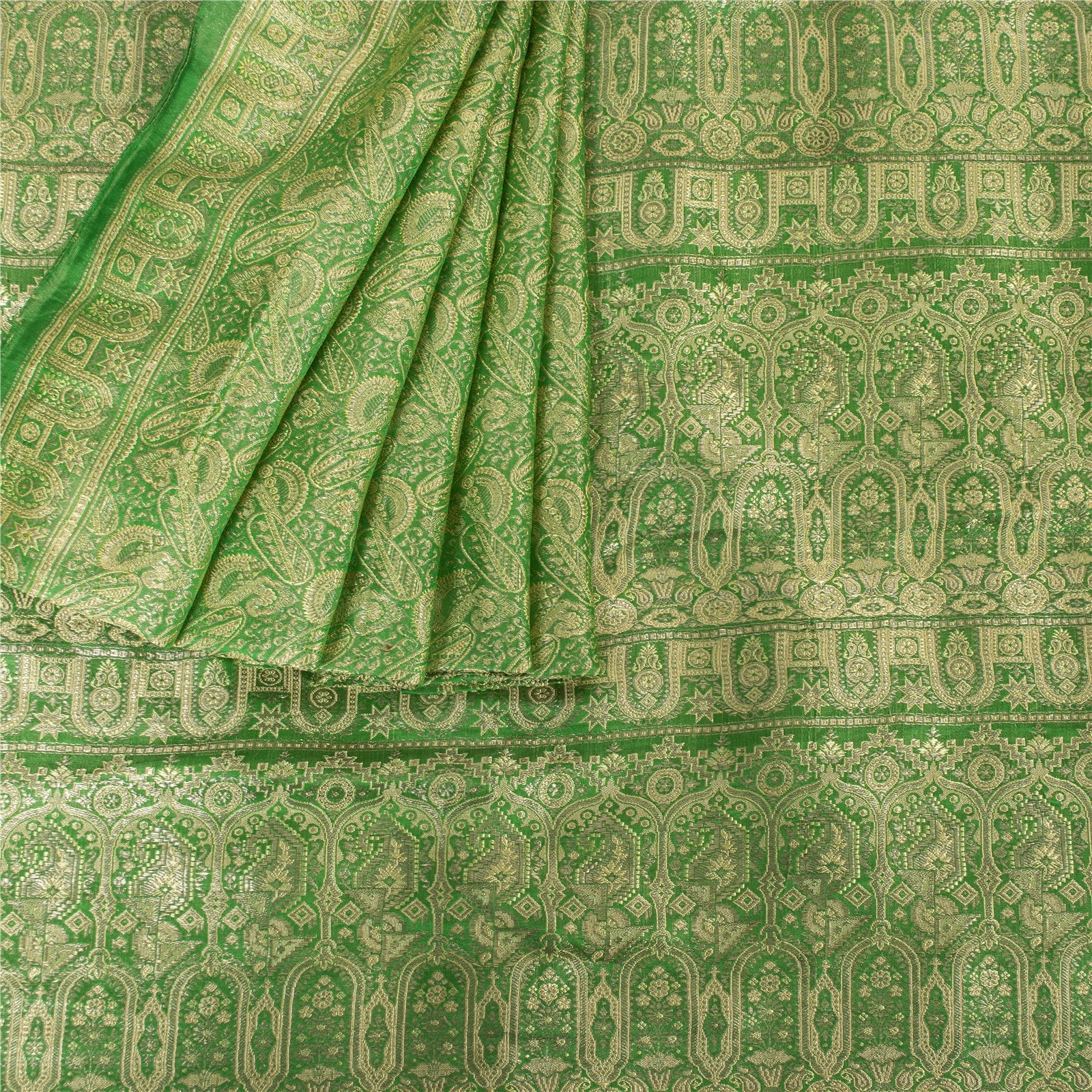 Sanskriti Vintage Green Sarees Pure Silk Zari Hand Woven Brocade Banarasi 4.5+YD
