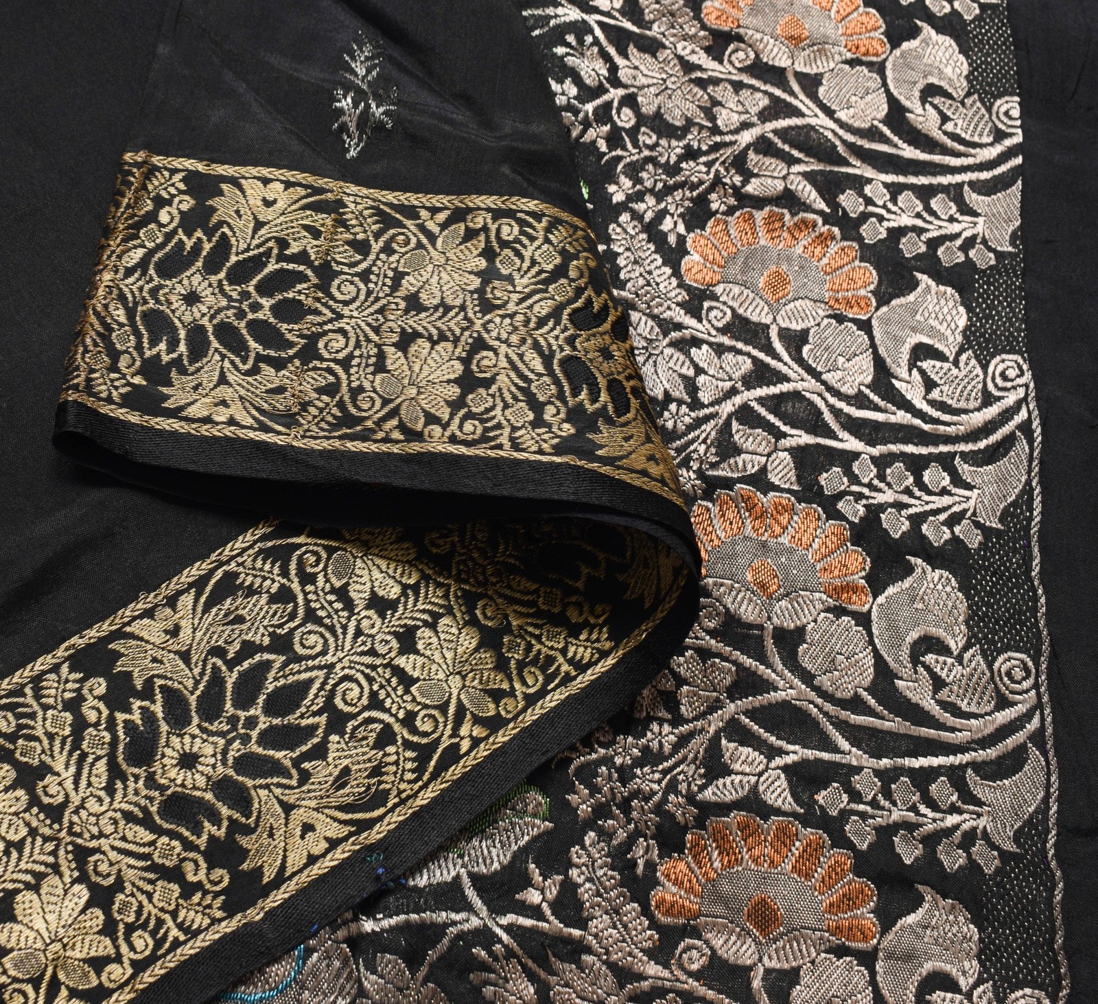 Sushila Vintage Black Zari Brocade Saree 100% Pure Silk Soft Floral Sari Fabric